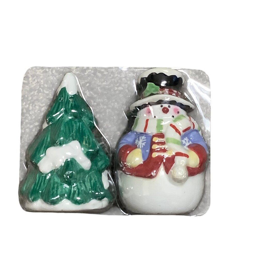 Vtg Snowman‎ & Christmas Tree Salt Pepper Shaker Set Hand Wash Only  NEW
